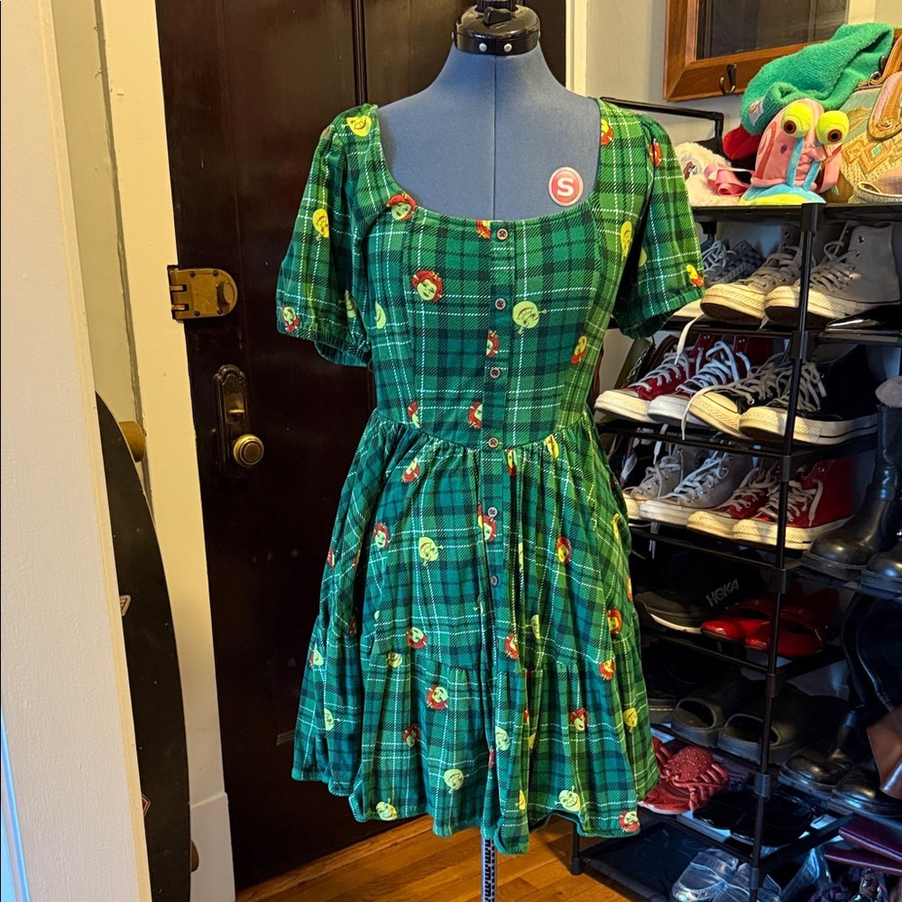Shrek Plaid Button-Up Dress with Floral Accents